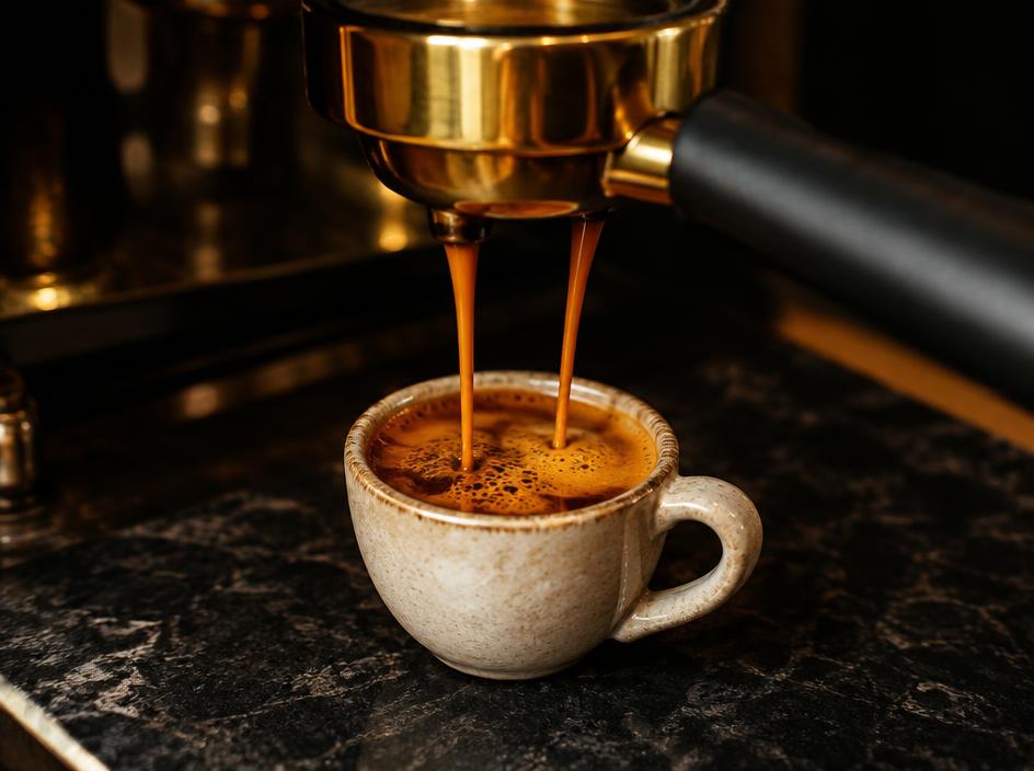 Masif pirinç portafiltreden doğal taş tezgaha süzülen taze espresso